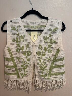 Boho ZAIF Crochet Fringe Vest with Green Floral Embroidery / Pearl Bead Accents